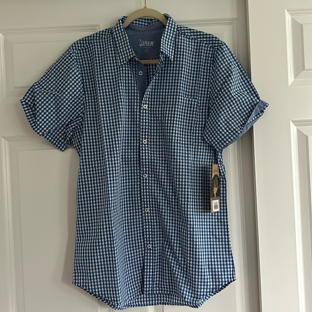 Short sleeve light, blue and white check button-down shirt.